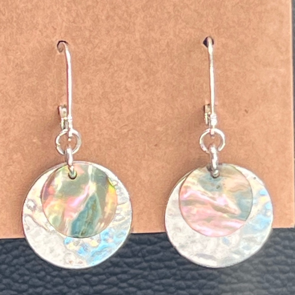 Round Layered Abalone Disc Drop Dangle Silvertone Earrings